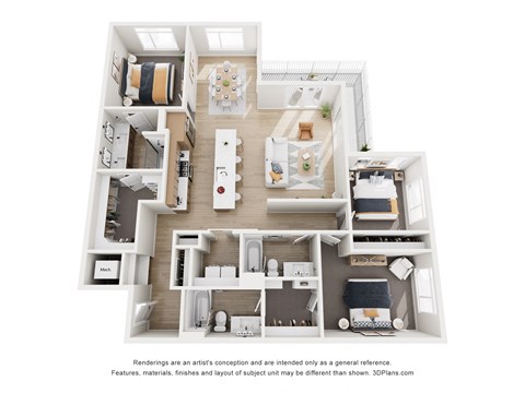 Floor plan for 3 beds, 3 baths, 1682 sqft
